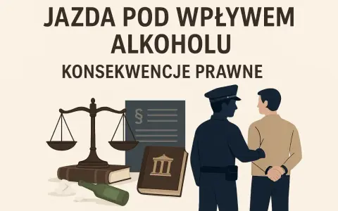 Policjant prowadzi pijanego kierowcę. W tle waga sprawiedliwości, kodeksy i butelka. Konsekwencje prawne jazdy pod wpływem alkoholu, art. 178a kk.