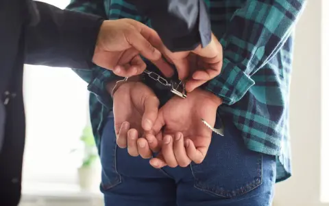 Policjant zakłada kajdanki podejrzanemu o narkotyki. Kaucja za wyjście z aresztu za narkotyki jest zmienna.