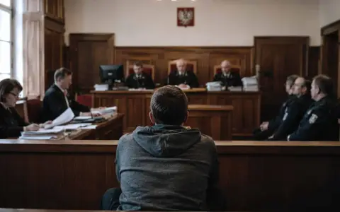 Młody mężczyzna w szarej bluzie siedzi tyłem do widza, w sali sądowej. Jest małym świadkiem koronnym, otoczonym przez sędziów i policjantów.
