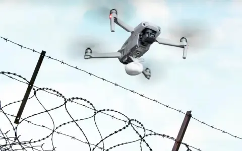 Dron z paczką przelatuje nad drutem kolczastym, niczym rakieta do więzienia dostarczająca przesyłkę.
