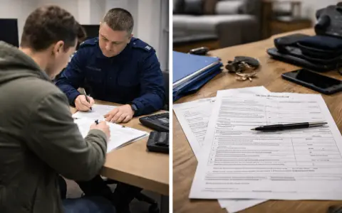 Policjant w mundurze spisuje protokół policyjny z mężczyzną. Na stole leżą dokumenty i długopis.