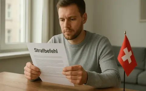 Mężczyzna czyta dokument "Strafbefehl", który może oznaczać karę grzywny. Obok stoi flaga Szwajcarii.