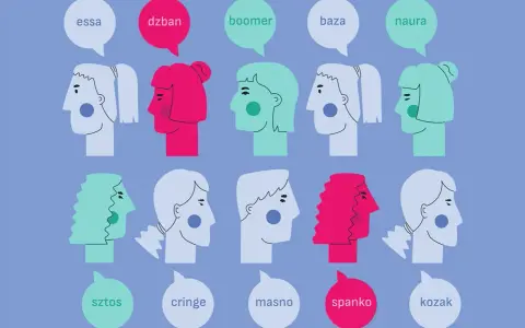Różne głowy mówią slangiem: "essa", "dzban", "boomer", "baza", "naura", "sztos", "cringe", "masno", "spanko", "kozak". Każdy jest inaczej donosicielem swoich myśli.