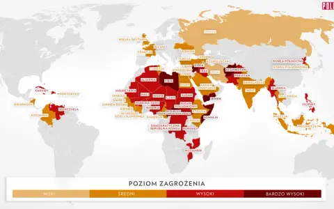 Mapa świata z zaznaczonymi krajami, gdzie nie ma ekstradycji. Kolory wskazują poziom zagrożenia: od niskiego (pomarańczowy) do bardzo wysokiego (czerwony).