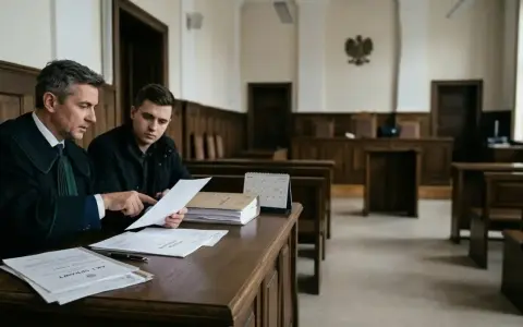 Prawnik w todze omawia dokumenty z klientem w sali sądowej. Czy do apelacji potrzebny jest adwokat? Tak, często jest niezbędny.