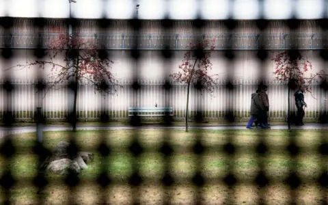 Więzienie w Niemczech. Ludzie spacerują po dziedzińcu, drzewa z czerwonymi liśćmi, ławka, kamień i ogrodzenie.