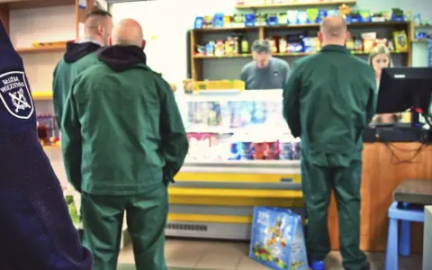 Strażnicy więzienni w zielonych uniformach robią zakupy w więziennej kantynie.