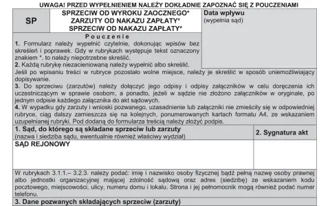 Formularz sprzeciwu od wyroku zaocznego lub nakazu zapłaty. Dokument zawiera pouczenie, dane sądu i sygnaturę akt.