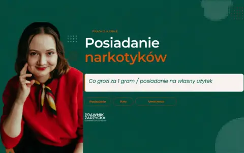 Kobieta w czerwonej bluzce z apaszką. Tytuł: "Posiadanie narkotyków". Podtytuł: "Co grozi za 1 gram / posiadanie na własny użytek". Wzmianka o art. 62 ust. 1 ustawy o przeciwdziałaniu narkomanii.