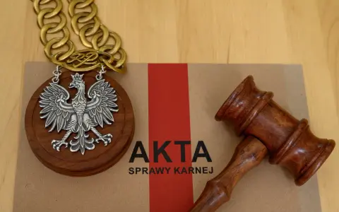 Na brązowej teczce z napisem "AKTA SPRAWY KARNEJ" leży drewniany młotek sędziowski i medalion z orłem RP.
