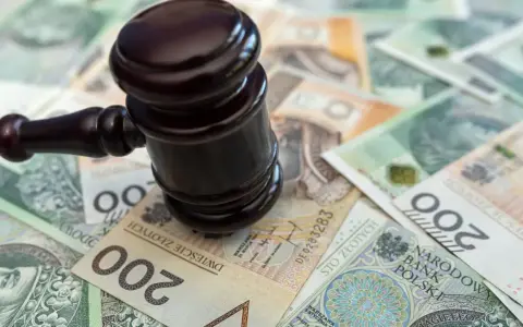 Młotek sędziowski na stosie polskich banknotów. Określenie "stawka dzienna kk" może sugerować koszty sądowe lub kary finansowe.