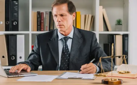 Prawnik w garniturze pracuje przy laptopie, podpisując dokumenty. Na biurku waga sprawiedliwości i księga. To jego upoważnienie dla adwokata.