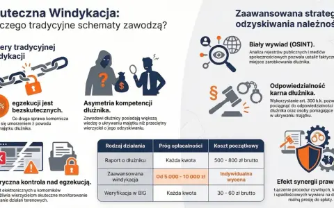 Oskarżony nie płaci zadośćuczynienia? Grafika pokazuje bariery w windykacji i zaawansowane strategie odzyskiwania należności, w tym odpowiedzialność karną dłużnika.
