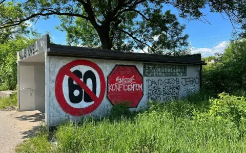 Niedziela, dzień cwel, pod drzewem, z zakazem 60 i napisami na ścianie.