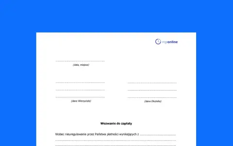 Formularz "Wezwanie do zapłaty" z polami na dane wierzyciela i dłużnika. To ważny wniosek dowodowy w sprawach o zapłatę.