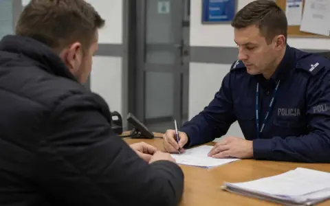 Policjant w mundurze spisuje dokumenty. Dowiedz się, jak sprawdzić status sprawy na policji, aby uzyskać potrzebne informacje.