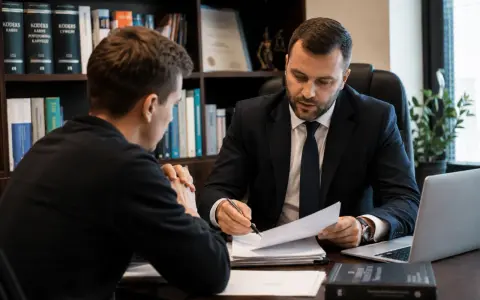 Prawnik w garniturze omawia dokumenty z klientem. Na półkach w tle widać kodeksy. Klient, jak nieświadomy słup, słucha uważnie.