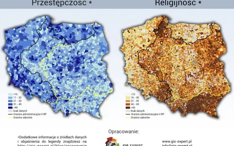 Mapy Polski pokazujące przestępczość i religijność. Analiza danych ujawnia zróżnicowanie tych wskaźników w regionach.