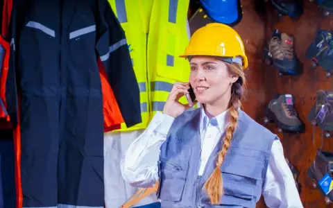 Kobieta w żółtym kasku rozmawia przez telefon, otoczona odzieżą roboczą. Może to być związane z artykułem 220 kodeksu karnego, dotyczącym bezpieczeństwa pracy.