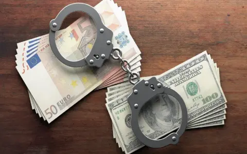 Kajdanki na stosach euro i dolarów. Symbolizują finansowe kk oszustwo i jego konsekwencje.