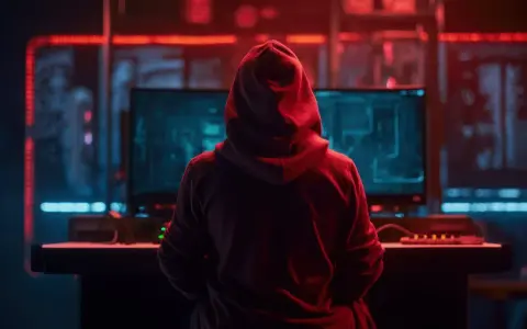 Osoba w czerwonej bluzie z kapturem siedzi przed monitorami, na których widać kod. W tle migoczą czerwone i niebieskie światła. To może być scena z filmu o hakerach, gdzie 130 kk to być może liczba danych lub zaszyfrowanych informacji.