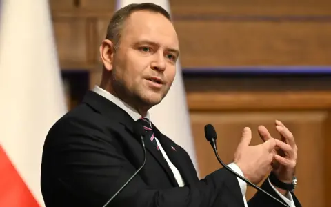 Mężczyzna w garniturze przemawia, gestykulując rękami. W tle biało-czerwona flaga, symbol prawa i sprawiedliwości.