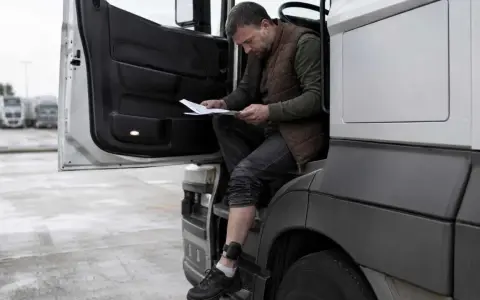 Kierowca z opaską na nodze, symbolizującą zatrudnienie pracownika z dozorem elektronicznym, czyta dokumenty przy kabinie ciężarówki.
