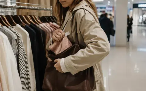 Kobieta w beżowym płaszczu chowa różową rzecz do torby. Zastanawia się, od ilu zł jest kradzież w tym sklepie.