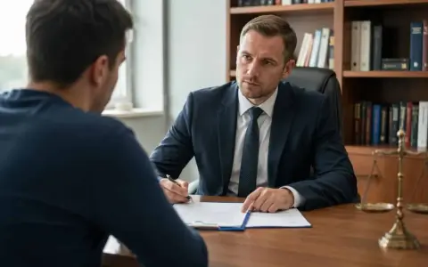 Prawnik omawia z klientem dokumenty dotyczące podjęcia warunkowo umorzonego postępowania. Na biurku waga sprawiedliwości.