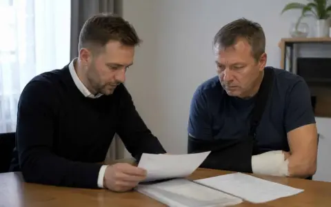 Mężczyzna z ręką w temblaku i bandażu analizuje dokumenty. Prawdopodobnie przygotowuje wniosek o zadośćuczynienie.