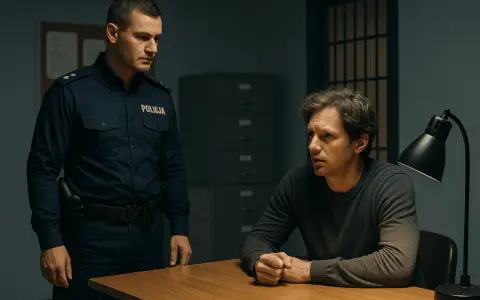 Policjant w mundurze stoi nad mężczyzną siedzącym przy biurku w pokoju przesłuchań. Mężczyzna wygląda na zamyślonego, a policjant na niego patrzy. To typowy dołek policyjny.