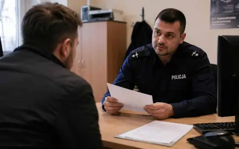Policjant rozmawia z mężczyzną, trzymając dokumenty. Prawdopodobnie dotyczy to wniosku o zmianę miejsca dozoru policyjnego.