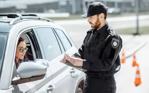 Policjant spisuje dane kierowcy, który może być zagrożony **przepadkiem pojazdu**. Kobieta w okularach siedzi za kierownicą białego samochodu.