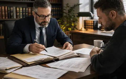 Prawnik analizuje dokumenty dotyczące zażalenia na tymczasowe aresztowanie. Klient uważnie słucha.