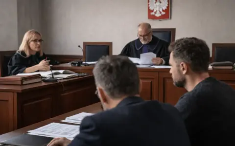 W sali sądowej trwa posiedzenie aresztowe. Sędzia w todze przegląda dokumenty, obok siedzi prokuratorka, a przed nimi mężczyźni w garniturach.