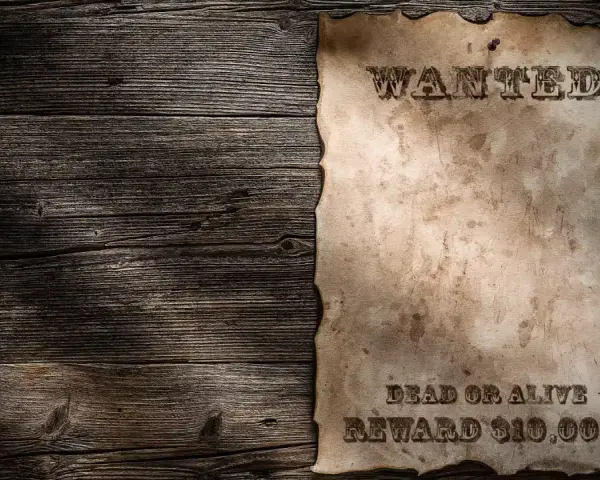 Stary, zniszczony list gończy wzór na drewnianej ścianie. "WANTED DEAD OR ALIVE REWARD $10,000".