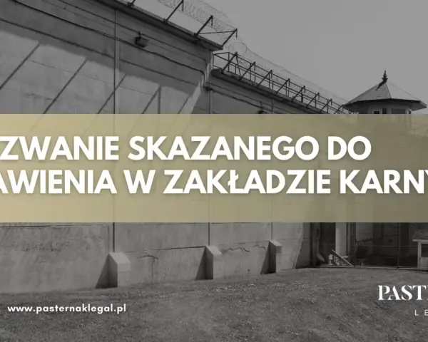 Wezwanie skazanego do stawienia w zakładzie karnym, zgodnie z art. 79 kkw. Widok murów więziennych i wieżyczki strażniczej.