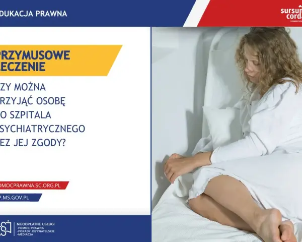 Kobieta w białej koszuli leży w łóżku szpitalnym. Grafika pyta o przymusowe leczenie psychiatryczne bez zgody pacjenta.