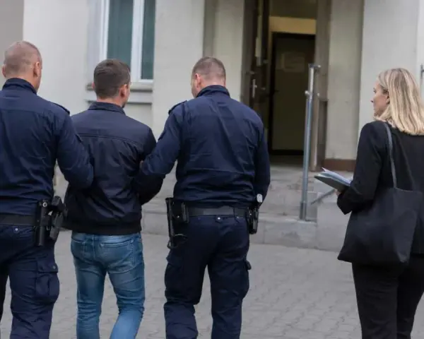 Dwóch policjantów eskortuje mężczyznę, który ma przesłanki do zatrzymania. Obok idzie kobieta z teczką.