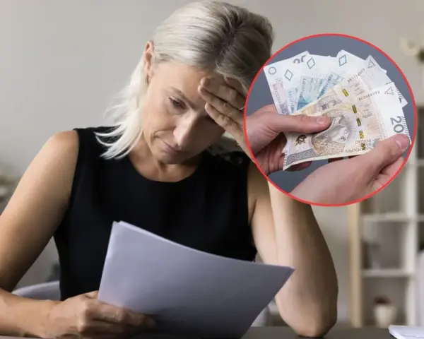 Zmartwiona kobieta czyta dokument, a w kółku dłoń pokazuje banknoty. Może to oznaczać karę grzywny za wykroczenie skarbowe.