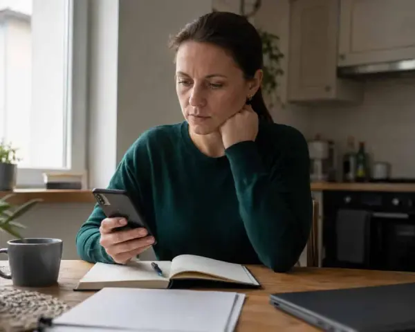 Kobieta zamyślona patrzy na telefon, zastanawiając się, czy grożenie sądem jest karalne. Na stole notatnik i kubek kawy.