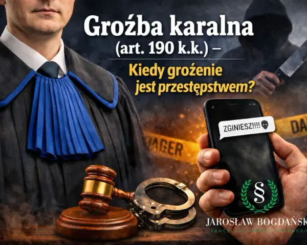 Groźba karalna: sędzia, kajdanki, młotek i telefon z wiadomością "ZGINIESZ!!!!" symbolizują grożenie postępowaniem karnym.