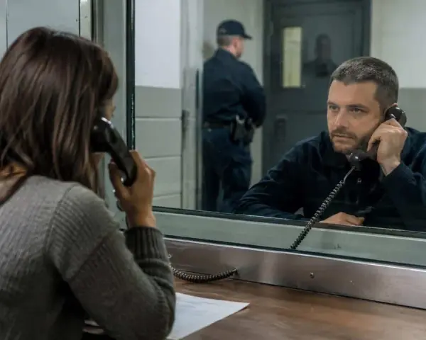Kobieta rozmawia przez telefon z tymczasowo aresztowanym. Strażnik stoi w tle.
