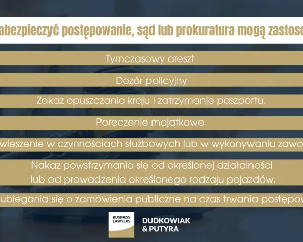 Środki zapobiegawcze: areszt, dozór, zakaz opuszczania kraju, poręczenie majątkowe, zawieszenie w czynnościach, nakaz powstrzymania się od działalności, zakaz ubiegania się o zamówienia publiczne. To wszystko wpływa na prawo do obrony.