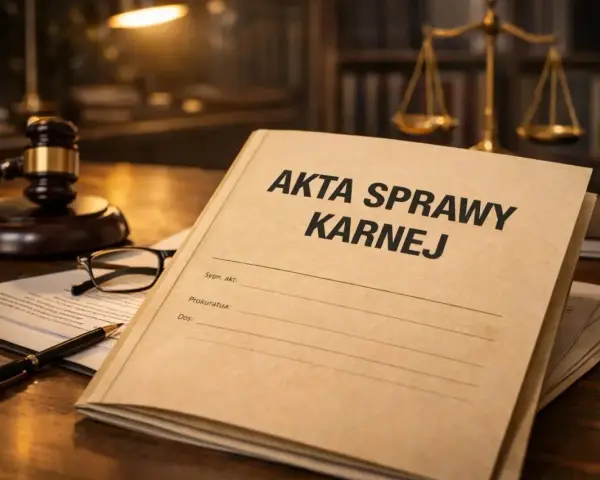 Akta sprawy karnej na biurku prawnika, obok młotka sędziowskiego i okularów. Może to być sprawa, która zakończy się warunkowym umorzeniem postępowania.