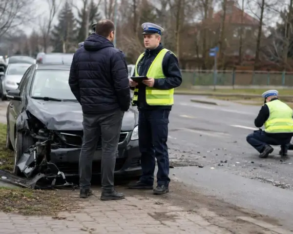 Policjant spisuje zeznania po wypadku. Uszkodzony samochód i ślady na drodze wskazują na poważne zdarzenie, które może skutkować karą za spowodowanie wypadku z uszczerbkiem na zdrowiu.