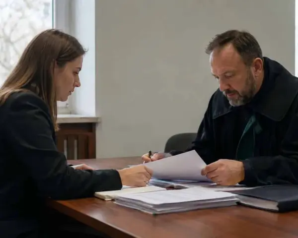 Adwokat w todze i kobieta analizują dokumenty. Stawiennictwo nieobowiązkowe na rozprawie karnej wymaga przygotowania.