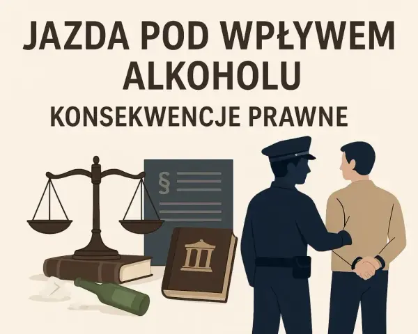 Policjant prowadzi pijanego kierowcę. W tle waga sprawiedliwości, kodeksy i butelka. Konsekwencje prawne jazdy pod wpływem alkoholu, art. 178a kk.