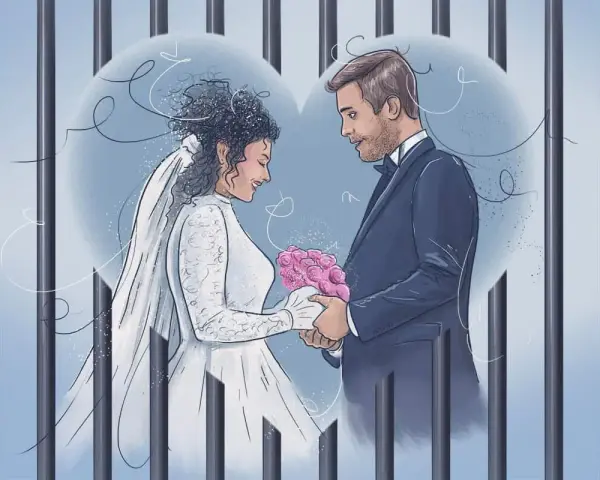 Para ślubna w strojach ślubnych za kratami więzienia, z sercem w tle.