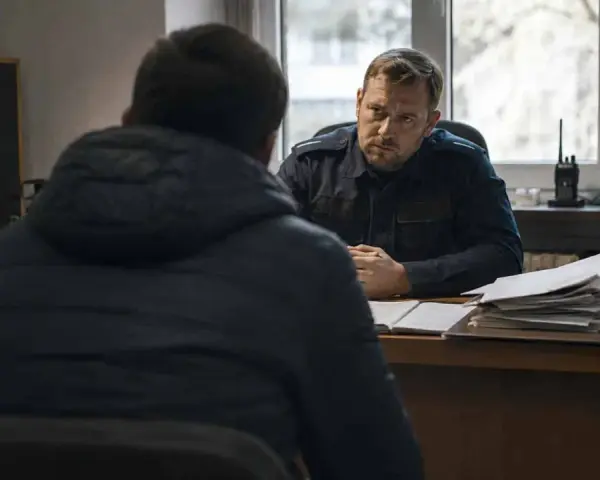 Policjant w mundurze rozmawia z mężczyzną w kurtce. Na biurku stosy dokumentów, jakby przygotowywano komentarz do art. 284 par. 2 kk.